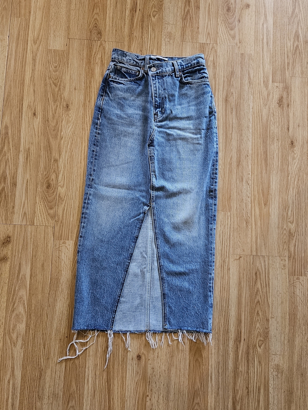 Reformation Women's Nila Long Cotton Blend Denim Skirt Galway, Size 25